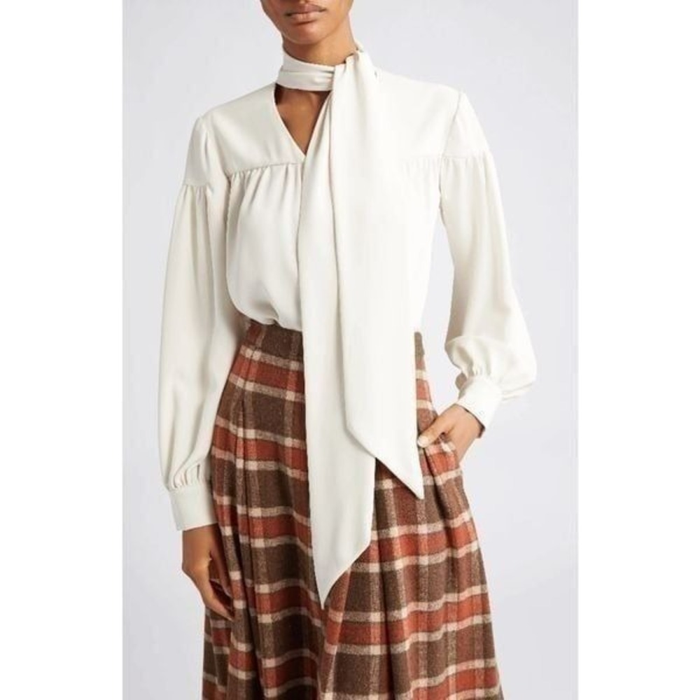 Autumn Adeigbo Beth Tie Neck Cream White Blouse Office Work Women's Size 4